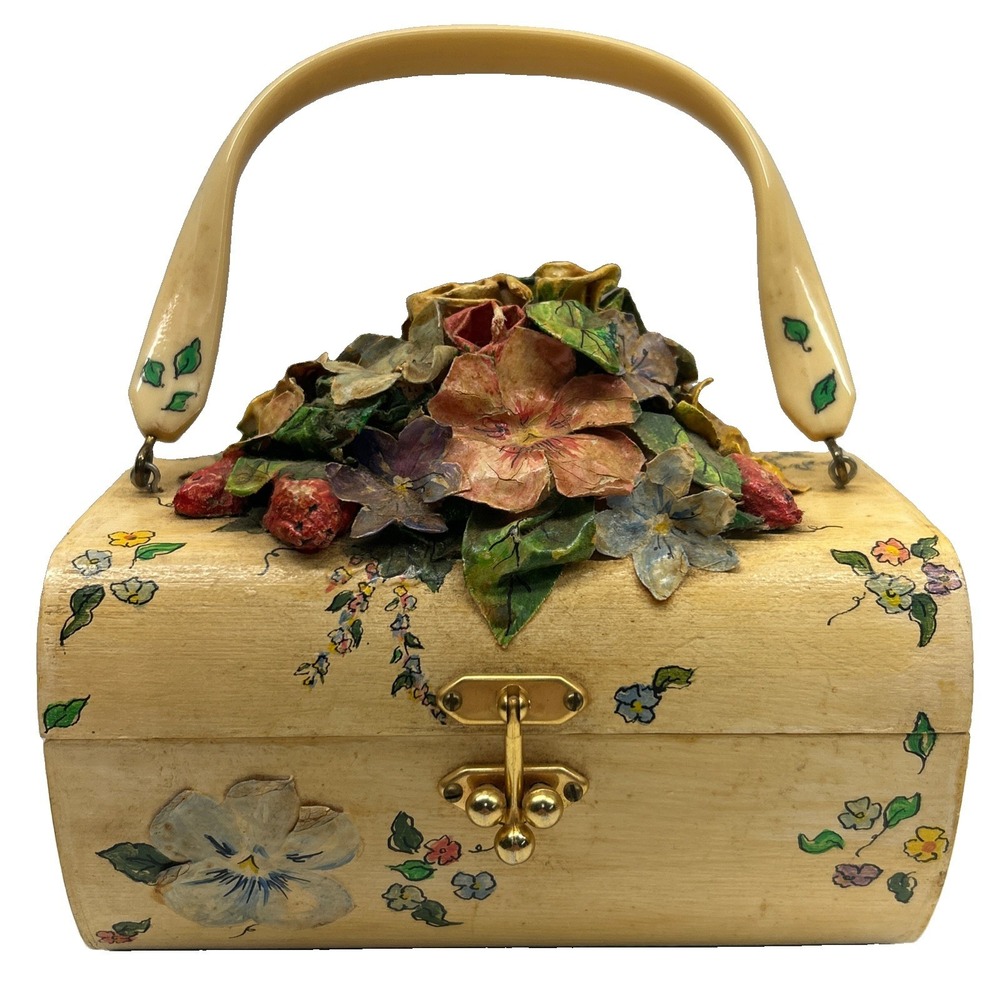 Vintage Pauline Thomas Signed Hand Painted Wooden Box Purse 3D Floral Mirror